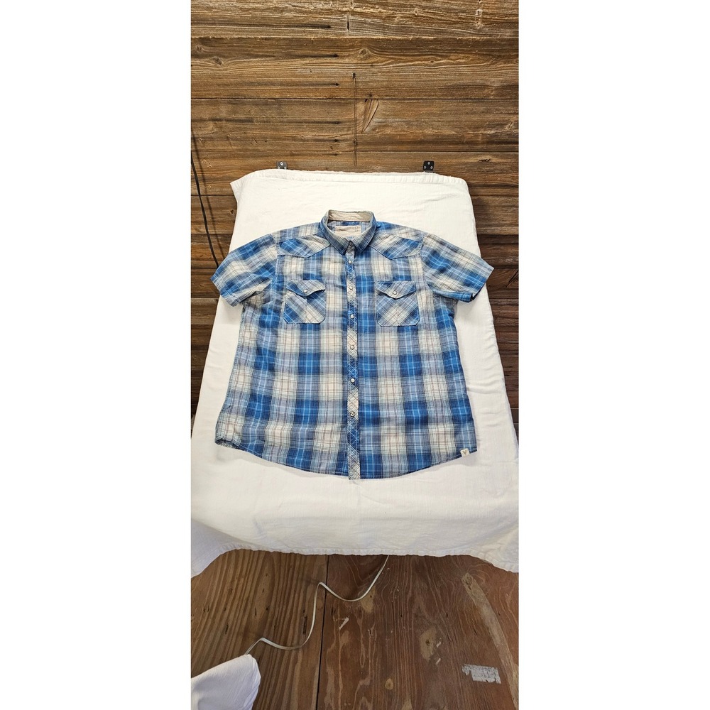 Roebuck & Co Mens XXL Blue Plaid Short Sleeve Pearl Snap Western Shirt